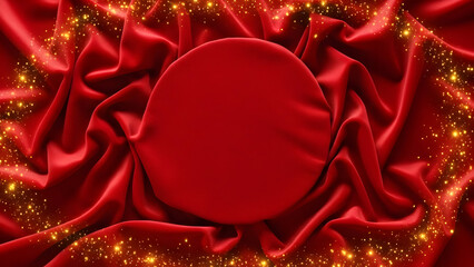 Elegant red silk fabric draped around a central circular podium with sparkling golden glitter.