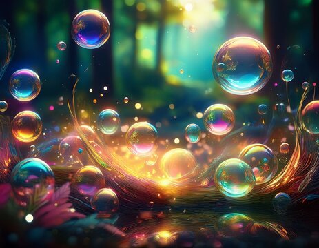 floating smiley face bubbles creating a playful and cheerful atmosphere light effects add to a whimsical scene