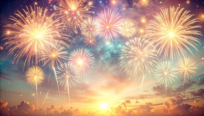 Spectacular Fireworks Exploding Across a Dazzling Sky during a Vibrant Sunset, Creating a Beautiful and Festive Celebration Background with Brilliant Lights and Colors