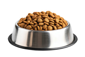 A stainless steel bowl brimming with dry, brown, round kibble on a black base