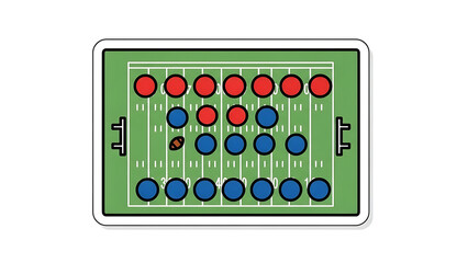Diagram of an american football offensive and defensive formation on a green field with yard lines and goalposts