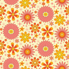 Retro groovy 70s flowers with mid century atomic starbursts seamless pattern in orange, coral pink, mustard yellow on beige background. For wallpaper, home d&eacute;cor and fabric