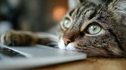 Tabby cat with green eyes resting on a laptop feline animal