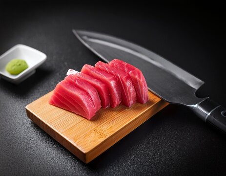 sashimi tuna block knife high resolution image professional food photography japanese cuisine seafood sushi preparation