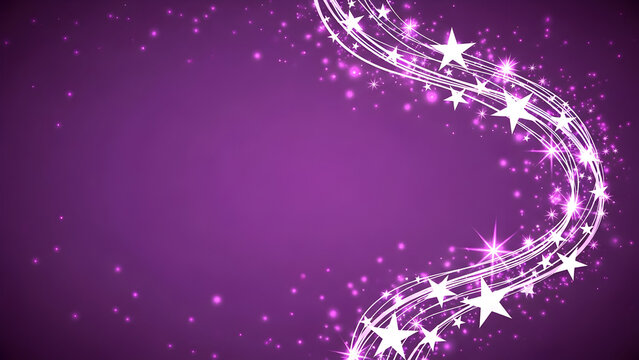 Abstract purple background featuring glowing white stars and sparkling particles in a flowing design.