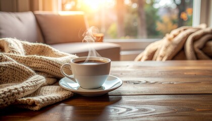 Cozy morning scene with sunlight streaming through the window, warm coffee steam rising, photorealistic cinematic angle, peaceful atmosphere, soft shadows, inviting home interior