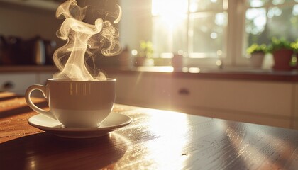 Cozy morning scene with sunlight streaming through the window, warm coffee steam rising, photorealistic cinematic angle, peaceful atmosphere, soft shadows, inviting home interior