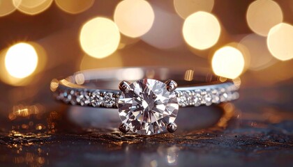 “A sparkling diamond engagement ring with bokeh lights in the background, highlighting its brilliance and elegance.”