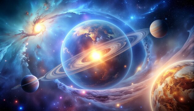 Cosmic vortex with planets and stars merging into a single glowing orb, epic surreal space scene, highly detailed digital art, galactic energy, celestial phenomena, vibrant universe