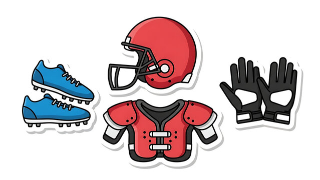 Collection of american football equipment including helmet jersey cleats and gloves isolated on white background - Powered by Adobe