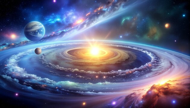 Cosmic vortex with planets and stars merging into a single glowing orb, epic surreal space scene, highly detailed digital art, galactic energy, celestial phenomena, vibrant universe - Powered by Adobe