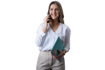 Businesswoman talking on phone and holding folder