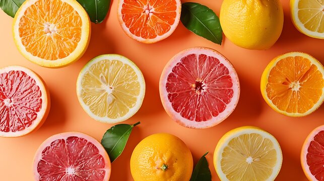 Vibrant assortment of fresh citrus fruits sliced and whole on orange background - Powered by Adobe