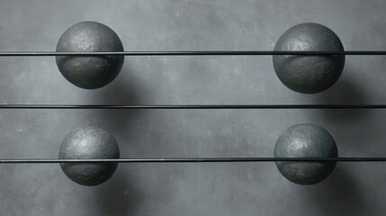 Four spherical celestial bodies aligned in parallel rows connected by thin orbital lines against a muted grey textured m