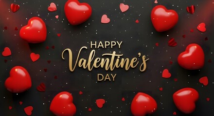 Happy valentines day with red hearts on black background