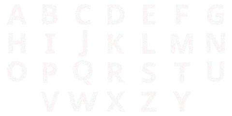 Alphabet made of colorful small circles and geometric shapes on white background complete set of upper case letter forms for playful or educational applications