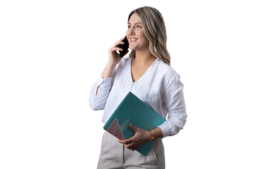 Businesswoman talking on phone and holding folders