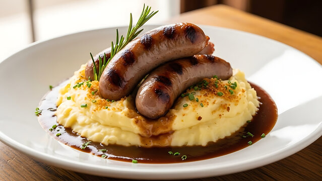 Hearty sausage and mashed potatoes with gravy and rosemary garnish