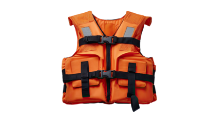 Isolated, orange flotation device with straps, reflective patches, and pockets