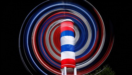 rotating barber pole long exposure reveals swirling red white and blue stripes isolated