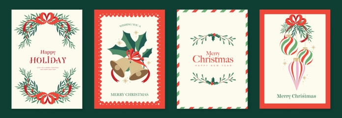 Obraz premium Christmas greeting card vector illustration with Happy New Year and Happy Holiday in cream and red vintage design featuring ribbons, ornaments, holly leaves and pine branches.