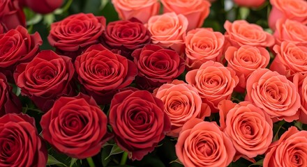Close up of red and orange roses in bloom
