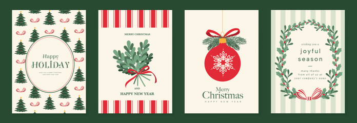 Obraz premium Christmas greeting card vector illustration with Happy New Year and Happy Holiday in cream and red vintage design featuring ribbons, ornaments, holly leaves and pine branches.