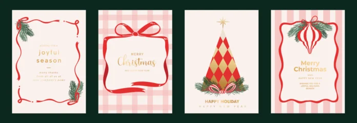 Fototapeten Pony Christmas greeting card vector illustration with Happy New Year and Happy Holiday in cream and red vintage design featuring ribbons, ornaments, holly leaves and pine branches.  © TWINS DESIGN STUDIO