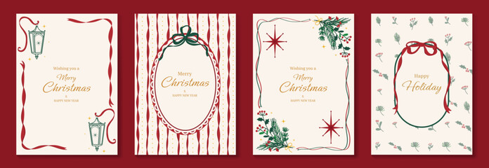 Obraz premium Christmas greeting card vector illustration with Happy New Year and Happy Holiday in cream and red vintage design featuring ribbons, ornaments, holly leaves and pine branches.