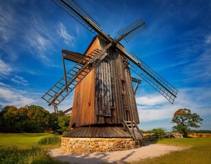 rustic polish kocilew windmill a majestic vintage wooden structure against a vibrant blue sky