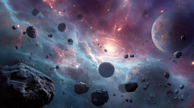 Space background with colorful nebula Galaxy Cloud. Bright galaxy shimmering neon blue purple colors with distant stars. Mysterious alien star system purple green planets orbiting a bright glowing sun