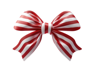 Close-up view of a red and white striped ribbon bow, isolated on a black background