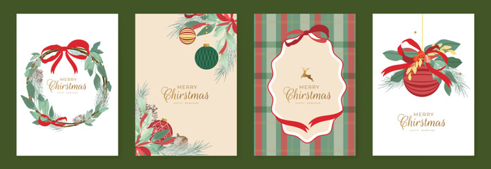 Obraz premium Christmas greeting card vector illustration with Happy New Year and Happy Holiday in cream and red vintage design featuring ribbons, ornaments, holly leaves and pine branches.