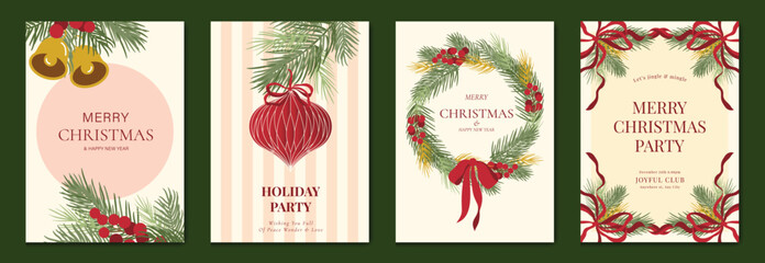 Obraz premium Christmas greeting card vector illustration with Happy New Year and Happy Holiday in cream and red vintage design featuring ribbons, ornaments, holly leaves and pine branches.