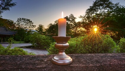 tranquil temple candle glowing in serene garden