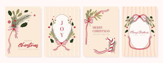 Obraz premium Christmas greeting card vector illustration with Happy New Year and Happy Holiday in cream and red vintage design featuring ribbons, ornaments, holly leaves and pine branches.