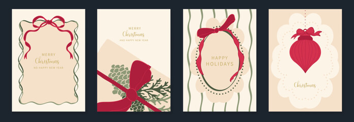 Obraz premium Christmas greeting card vector illustration with Happy New Year and Happy Holiday in cream and red vintage design featuring ribbons, ornaments, holly leaves and pine branches.