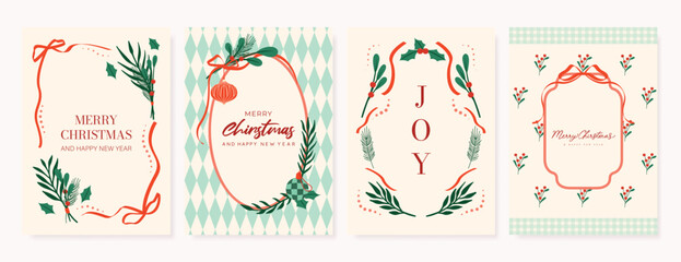 Obraz premium Christmas greeting card vector illustration with Happy New Year and Happy Holiday in cream and red vintage design featuring ribbons, ornaments, holly leaves and pine branches.