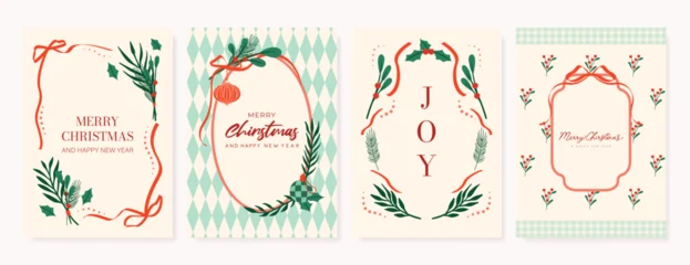 Fototapeten Pony Christmas greeting card vector illustration with Happy New Year and Happy Holiday in cream and red vintage design featuring ribbons, ornaments, holly leaves and pine branches.  © TWINS DESIGN STUDIO