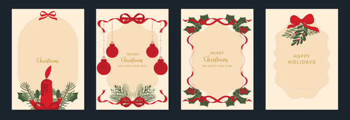 Obraz premium Christmas greeting card vector illustration with Happy New Year and Happy Holiday in cream and red vintage design featuring ribbons, ornaments, holly leaves and pine branches.