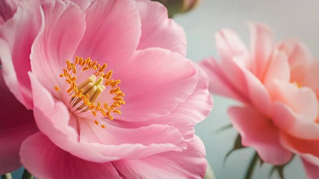 Delicate pink peonies blooming gracefully, revealing intricate stamen details and soft floral