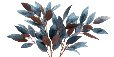 Artistic, stylized illustration of a plant with blue-grey and brown leaves
