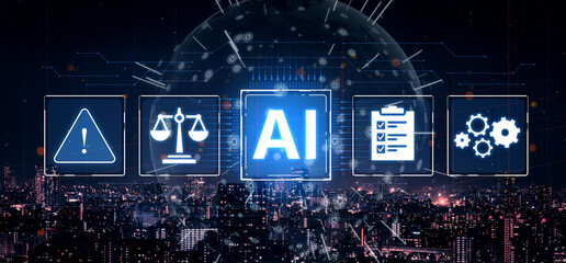 Obraz premium Concept of Artificial Intelligence in legal and regulatory technology. AI systems are used for risk management, process automation, and ensuring compliance with laws and policies. Fermion
