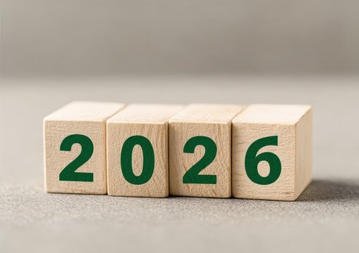 A close-up view of wooden blocks displaying the year "2026" in green numbers on a neutral background.