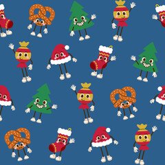 Świąteczny wzór bezszwowy z uroczymi postaciami – bałwanki, prezenty, bombki, gwiazdki i słodycze. Bożonarodzeniowe tło wektorowe. © Monika