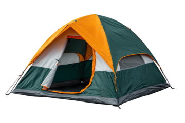 A colorful camping tent with an orange top and green body, side view on black background