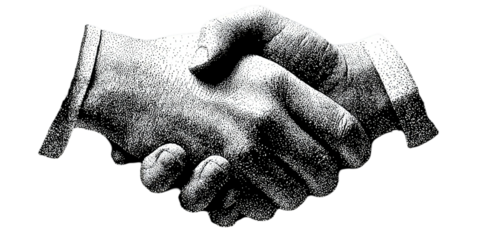 A grayscale depiction of two hands clasped in a handshake, conveying unity and agreement