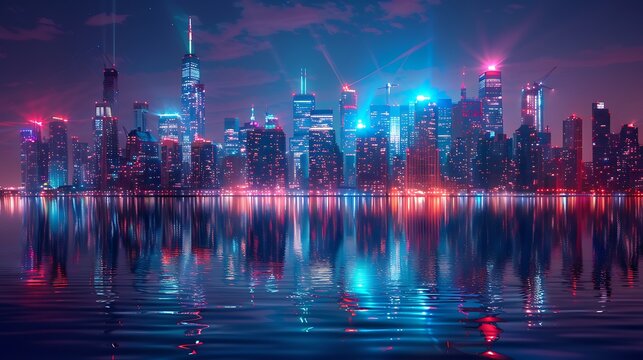 Vibrant futuristic cityscape at night with neon lights reflecting on water