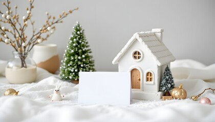 Naklejka premium Winter Home's Festive Welcome: A miniature house sits in a cozy winter scene, with a miniature christmas tree, vase and ornaments create a warm and inviting atmosphere.