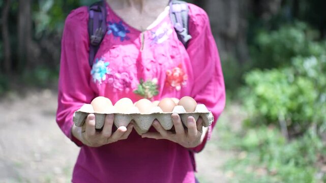 Mature woman transports a tray of eggs from a village market through the vibrant landscapes of Nicaragua in Central America.